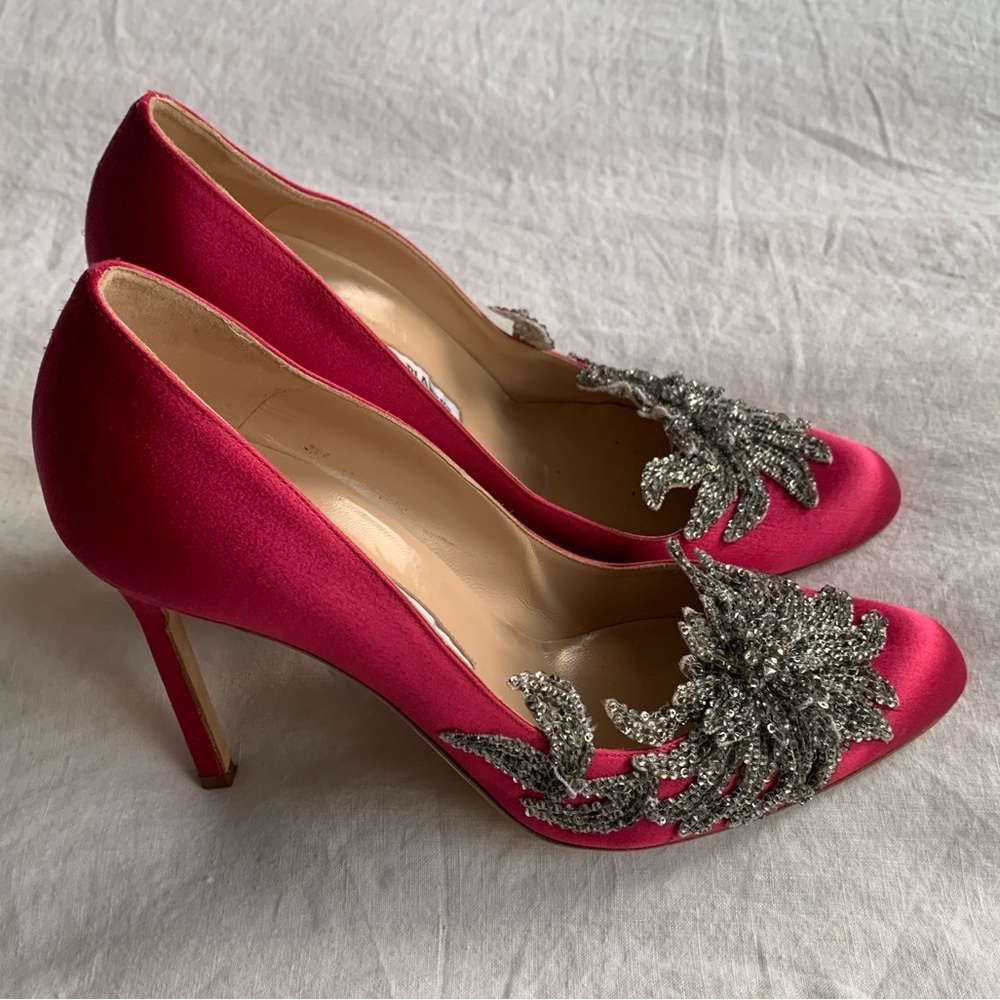 Manolo Blahnik Swan Embellished Satin Pump Heels Silver Sequin Hot Pink Fuschia - Picture 3 of 11